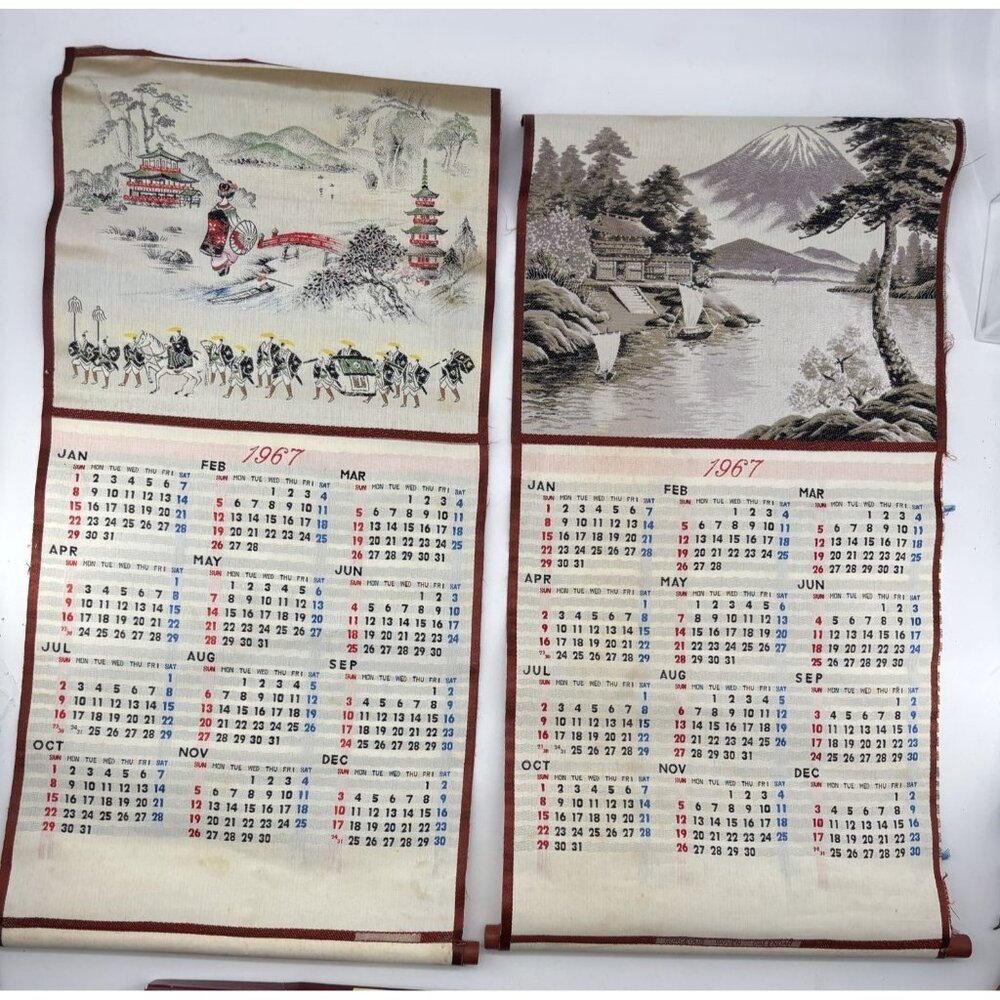 Japanese Scroll Silk Calendars 1967 Lot of 2‎ Fair Condition